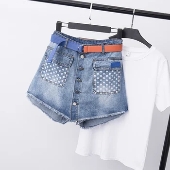 

COIGARSAM 5XL Plus Size Fashion Denim Summer Women Shorts Light Blue 6907