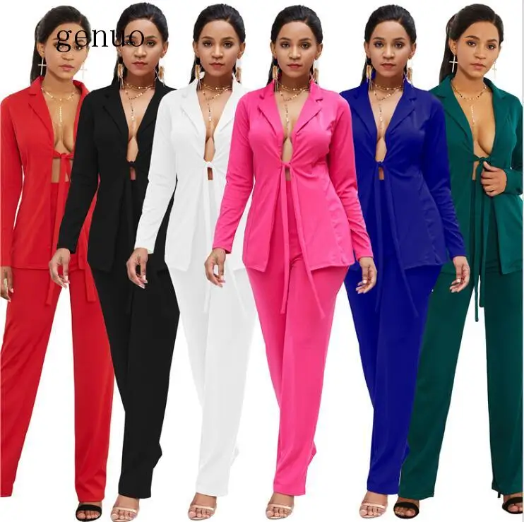 

Summer Sexy 2 Piece Set Women Solid Deep V Neck High Waist Two Piece Set Long Sleeve Belt Pink Two Piece Set Office New