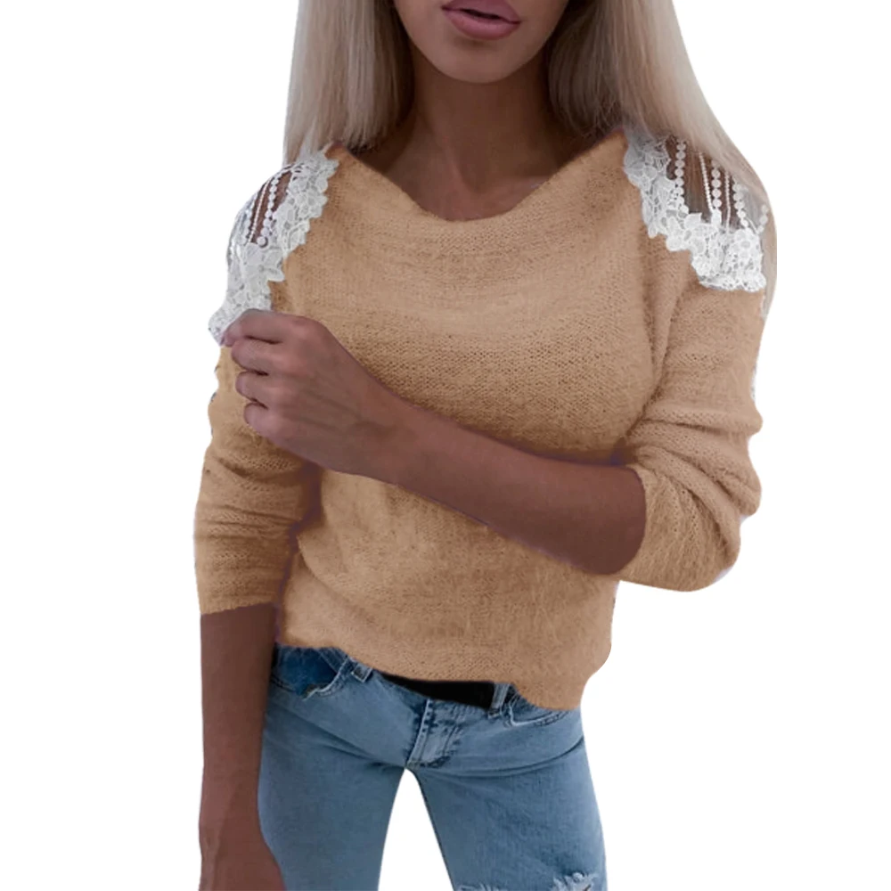Sale Knitted Jumper sweater Female Hollow Out Slim Sweaters Women 2021 Autumn Sexy Lace spliced colde shoulder Tops Pullover D30 1