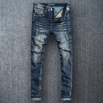 

Italian Style Fashion Men Jeans Black Blue Destroyed Slim Fit Ripped Jeans Men Denim Baggy Pants Vintage Designer Jeans Homme