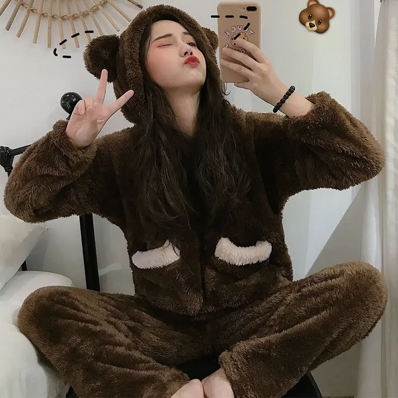 Pajama Sets Women Winter Kawaii Sleepwear Lovely Japanese Style Hooded Warm  Soft Teenagers Female Leisure Long Sleeve Thicken - Pajama Sets - AliExpress