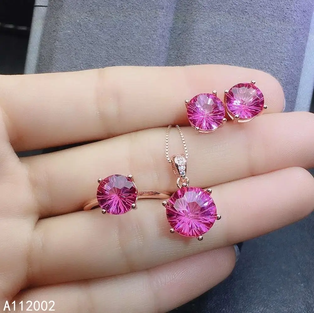 

KJJEAXCMY fine jewelry natural pink topaz 925 sterling silver women pendant necklace earrings ring set support test exquisite