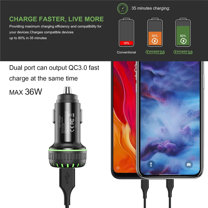 Двойное автомобильное usb-устройство для зарядки телефона для мобильного телефона светодиодный светильник быстрое зарядное устройство QC 3,0 Быстрая зарядка для iphone Xiaomi Huaiwei samsung
