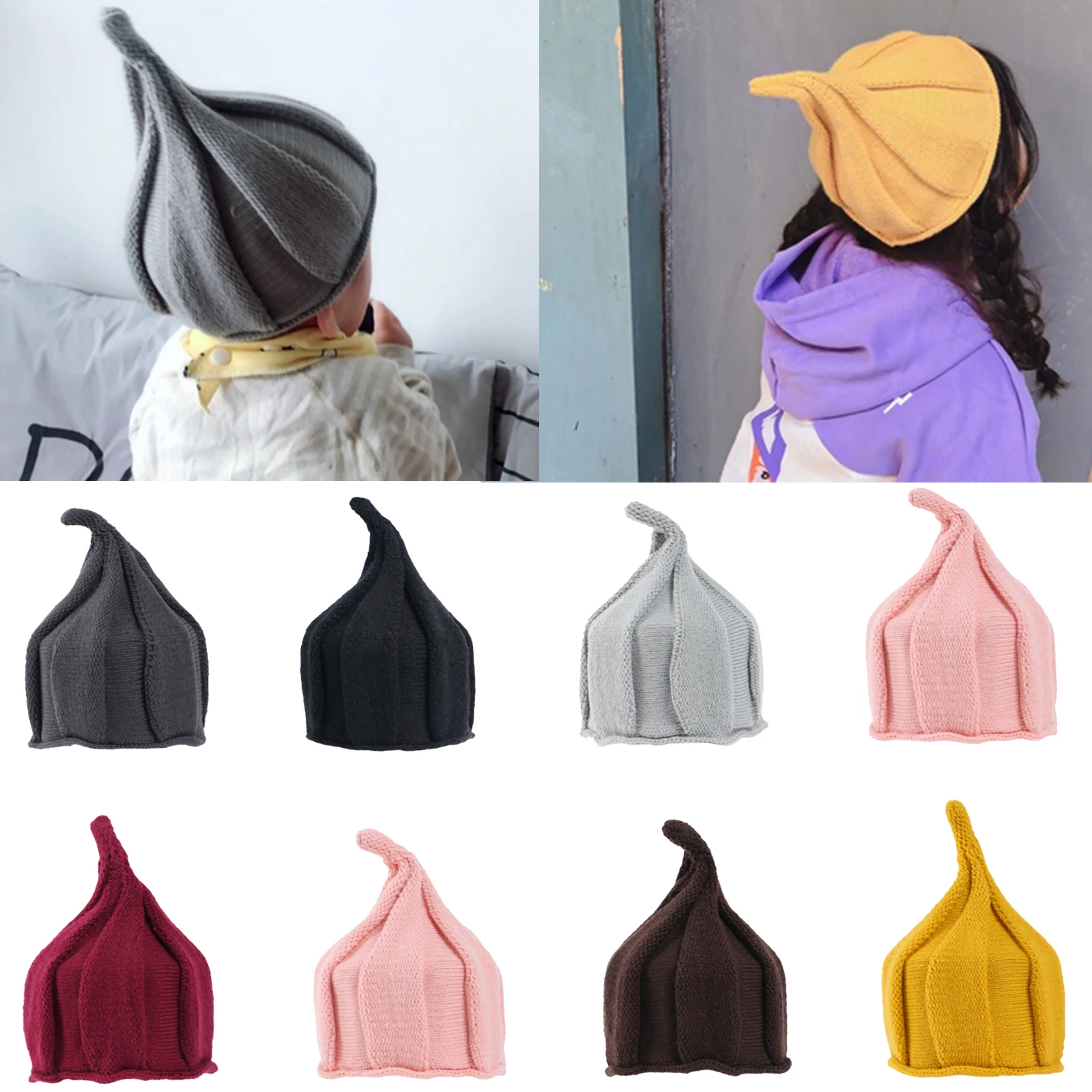 

Handmade Knitting Kids Winter Baby Hat Fairy Dicer for Girl Boy Pinnacle Elf Cap Headwear Keep Warm Hair Accessories 8 Colors