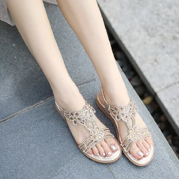 

2020 Summer Women Sandals Flat Plus Size 35-42 Bohemia Black/White Femal Rome Rhinestone Shoes Women Casual bk2002