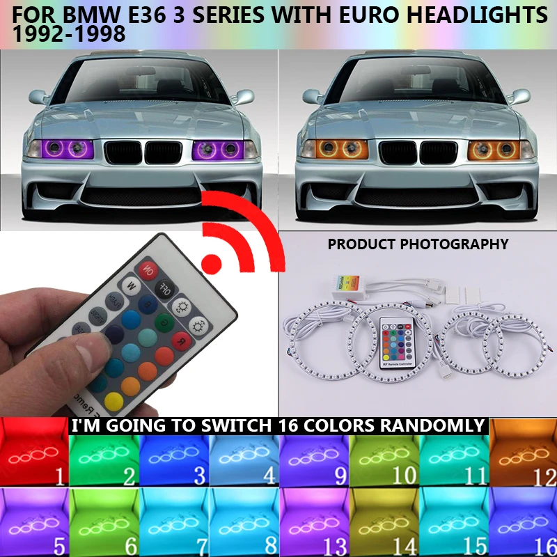 

Multi-color Led Angel Eyes Kit RGB Halo Rings Daytime Running Light DRL For BMW E36 3 Series with Euro headlights 1992-1998