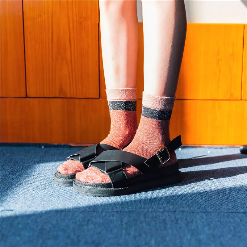 KingDeng Женские Зимние Хлопковые Прозрачные Лодыжки Kawaii Носки Блеск Полосатый Harajuku Эстетическое Искусство Симпатичные Носки e Girl Stitch роскоши