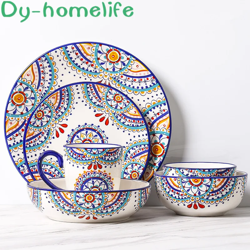 

Mediterranean Style Creative Ceramic Tableware Set Kitchen Home Steak Plate Salad Bowl Mug Good-looking Plate Fruit Plate Dish