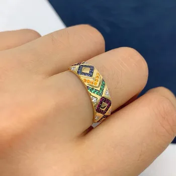

UMGODLY Luxury Brand Fashion Ring Yellow Gold Color Multicolor Zirconia Ceometric Pattern Tribel Ring Women Mana Jewelry
