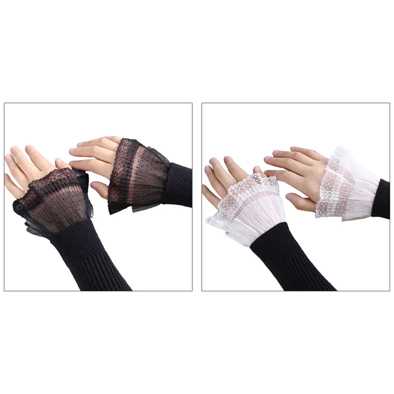 

1 Pair Korean Women Girls Fake Flared Sleeves Double Layer Lace Pleated Ruched False Cuffs Wrist Warmers