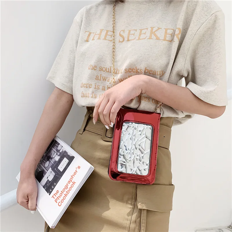 

2019 New Style Fashion Thin Square Sling Bag Transparent Touch Screen Mobile Phone Bag Mirror Laser Backpack