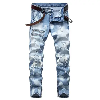 

2020 Men'S Wear Zipper Elasticity Slim Fit jeans youth Leg Zipper Placket Button Light Color Cowboy Trousers