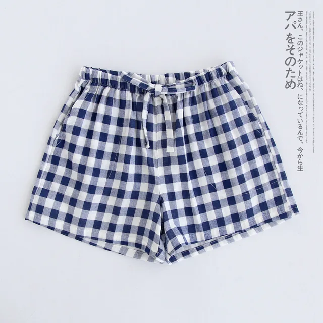 Couple pajamas summer cotton gauze shorts Japanese style simple elastic waist casual large size lattice men and women home pants Lady  blue grid