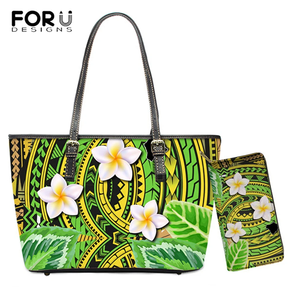 

FORUDESIGNS 2 Pcs/set Women Handbags Purses Wallet Ethnic Polynesian Tribes Plumeria Print Lady Leather Large Totes Shoulder Bag