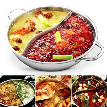 

28/30cm Hot Pot Twin Divided Stainless Steel Cookware Hot Pot Ruled Compatible Soup Stock Pots Home Kitchen