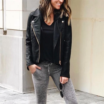 

Women Long Sleeve Leather Jacket Loose Warm Leather Jacket Suit Street Jacket Cool Girl Biker Leather Jacket Black Fashion Coat