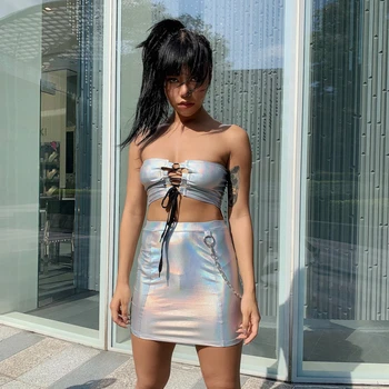 

2019 2Pcs Set Women Strapless Hollow Out Crop Top High Waist Tight Skirt Ladies Two Piece Set Silver Sexy Club Party Wear Summer