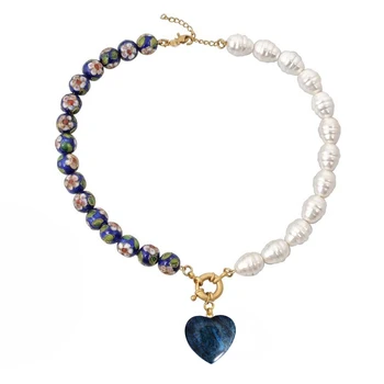

blue Cloisonne beads gothic collares colar women gift natural stone heart pendant necklace choker jewelry necklace women