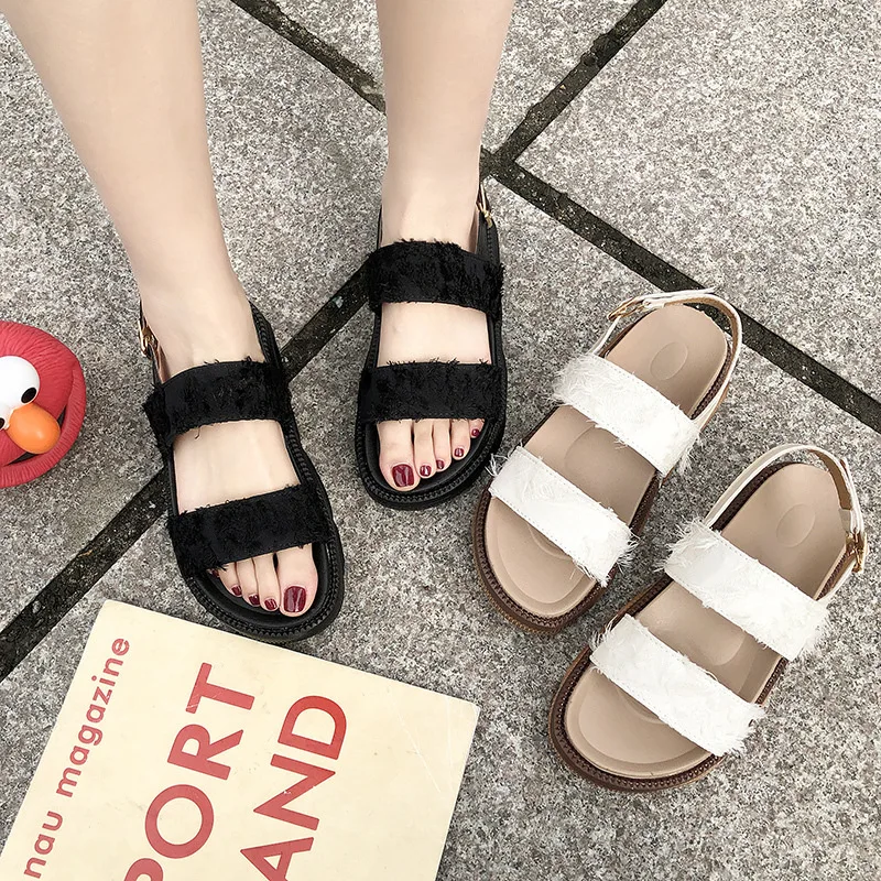 

Sandals Women's 2019 Summer New Style Korean-style Fashion Suede Mixed Colors A- line Buckle Flat Students WOMEN'S Sandals