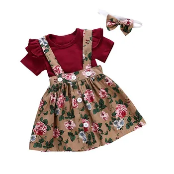 

Newest Newborn Toddler Baby Girl Sets Short Sleeve casual Red T-shirt+Suspender Skirt Overalls Headband Outfits Set