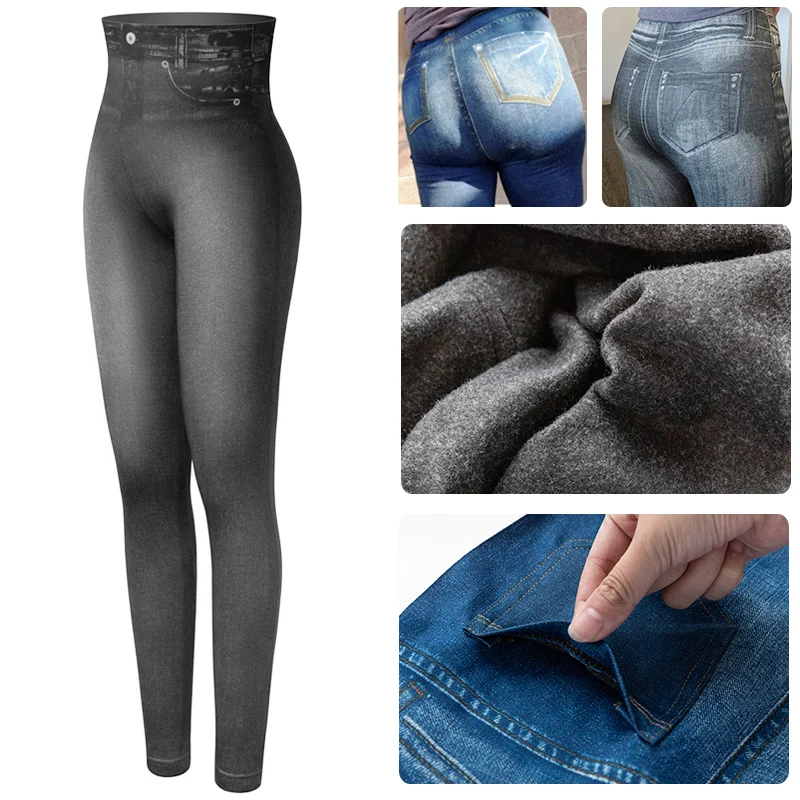 

Faux Denim Leggings With Pocket Fleece Lined Warm Leggings High Waist Jeans Printing Fitness Leggins Women Slim Skinny Pants