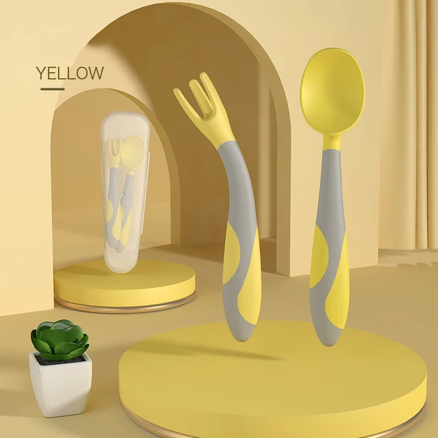 1 Set Of Mi Suta Training Spoon Fork Baby Tableware Set Silicone Soft Spoon Elbow Spoon With Storage Box Utensils Aliexpress