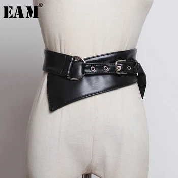

[EAM] Pu Leather Black Asymmetrical Buckle Split Wide Belt Personality Women New Fashion Tide All-match Spring 2020 1M844