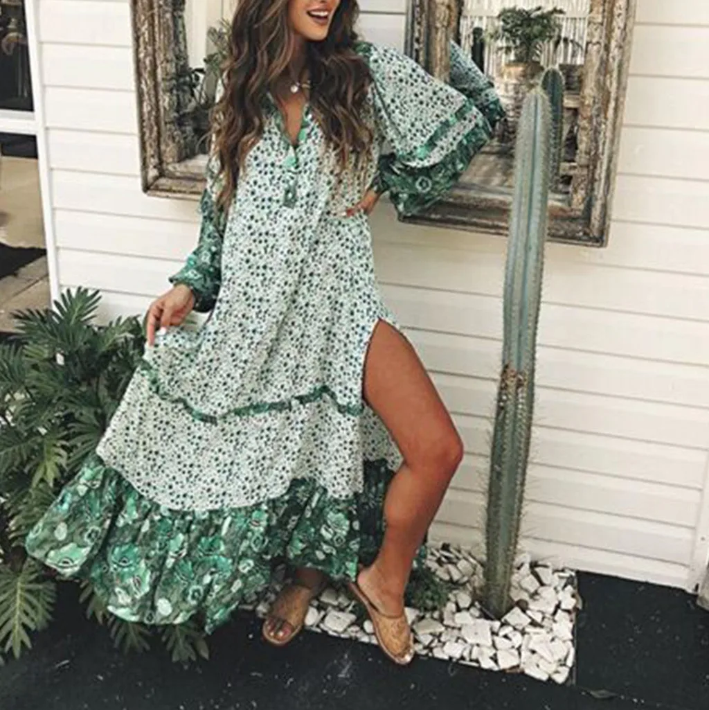 Goede 2019 Vrouwen Boho Maxi Jurk Casual Groene Thema Lange Mouwen MT-11