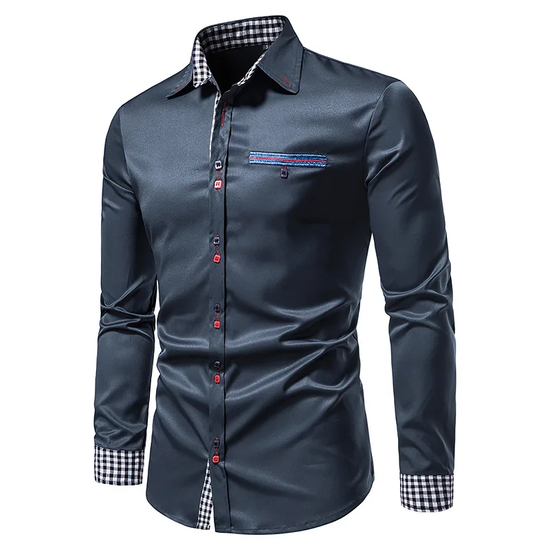 Autumn Men Pure Color Shirt Long Sleeve Slim Patchwork Color Casual Shirt Buttoned Business Office Social Formal Shirt Male 2XL short sleeve work shirt