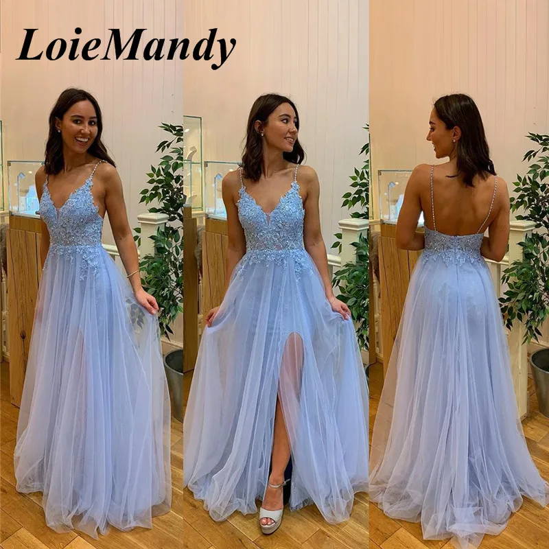 Vestido largo de fiesta de noche claro, 2021, apliques de de encaje, Vestidos de noche con tirantes finos - AliExpress