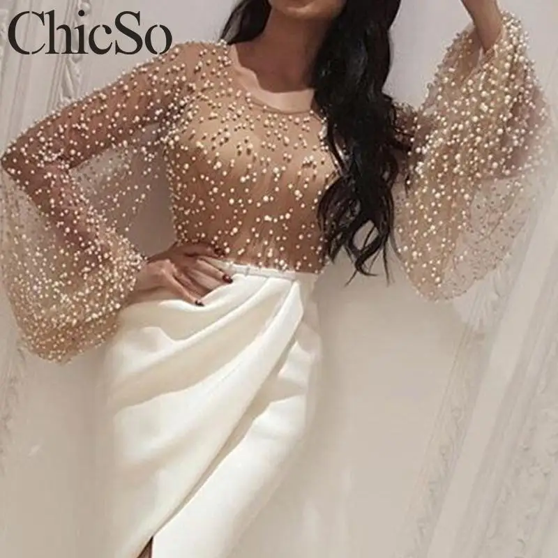 MissyChilli вязаное лоскутное длинное платье festa женское жемчужное прозрачное Сетчатое платье с разрезом осень-зима сексуальное рождественское праздничное платье