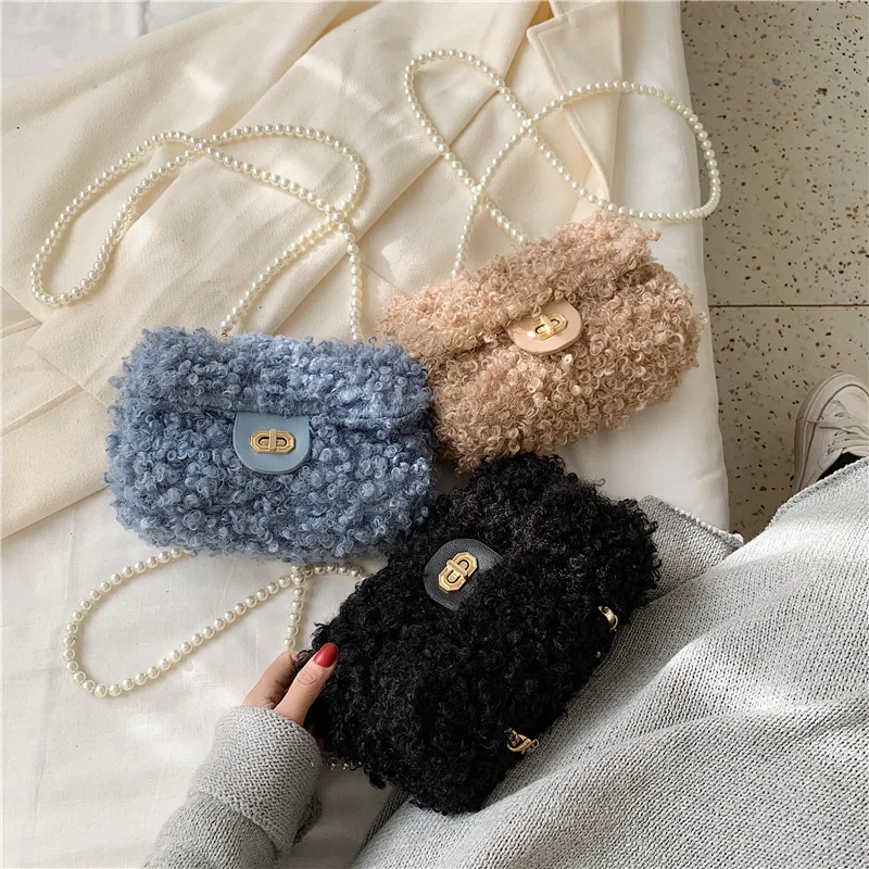 

INS Western Style Small Bag 2019 Winter Korean-style Versitile Fashion Plush Square Sling Bag Mini Pearl Crossbody Bag