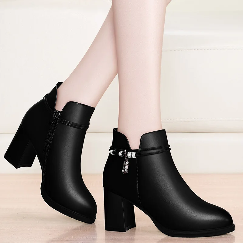 

Dunhu Genuine Product 2019 Autumn New Style High-Heel Buckle Pointed Toe Chunky Heel WOMEN'S Shoes Leisure Leather Boot 1723-2