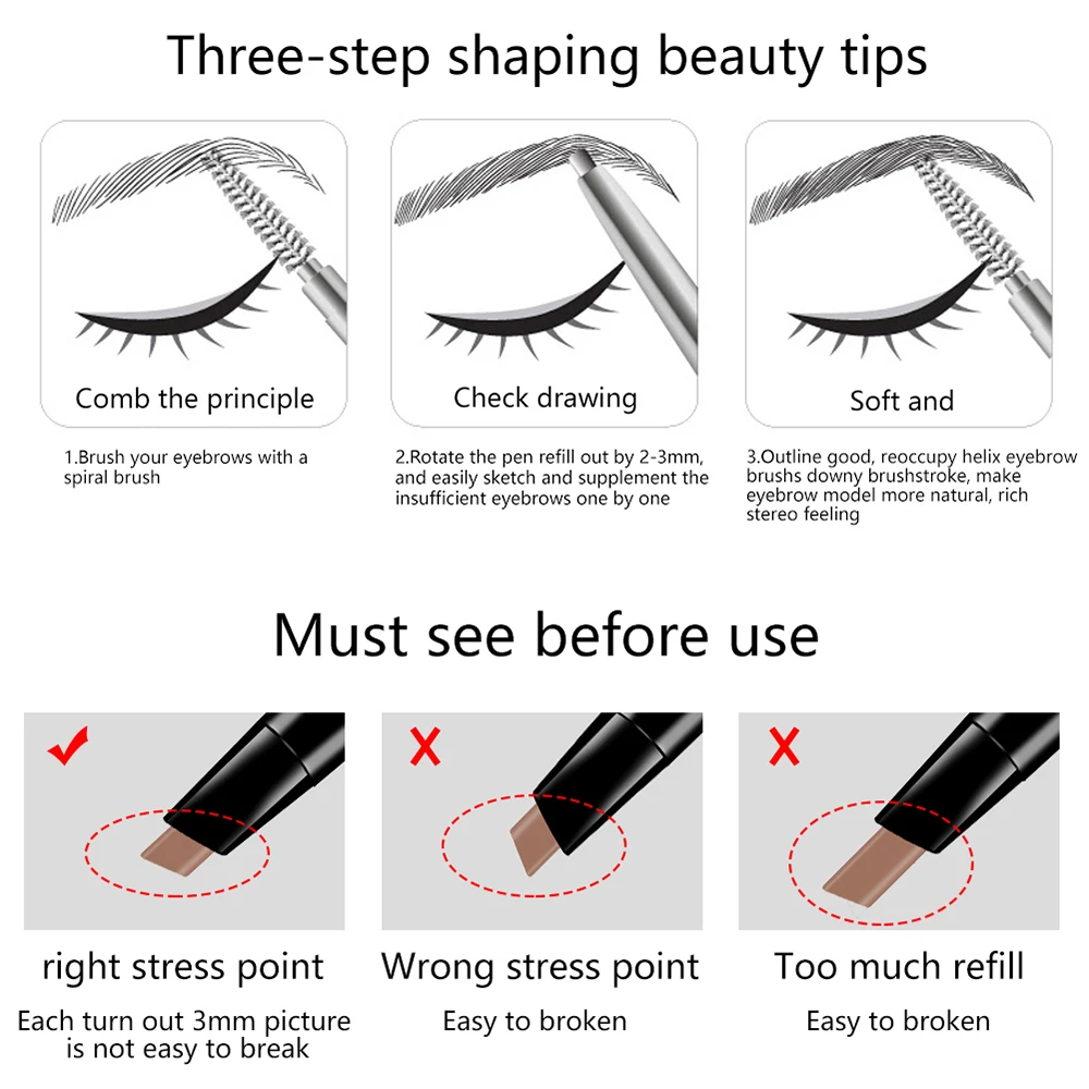 6 Colors Double Ended Eyebrow Pencil Waterproof Long Lasting No Blooming Rotatable Triangle Eye Brow Tatoo Pen