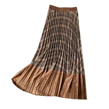Женская шерстяная юбка с высокой талией, Осень-зима, Корейская Piaid, эластичная талия, прошитая плиссированная юбка, трапециевидная длинная юбка, Falda ML399
