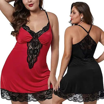 

2019 New Women Plus Women Sexy Casual Lace Splicing Solid Camisole Sleeveless V-neck Mini Nightdres Home Service #1112