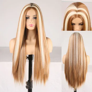 

RONGDUOYI Mix Blonde Heat Resistant Fiber Synthetic Wig Full Machine Made Wigs for Women Long Silky Straight Hair Cosplay Wig