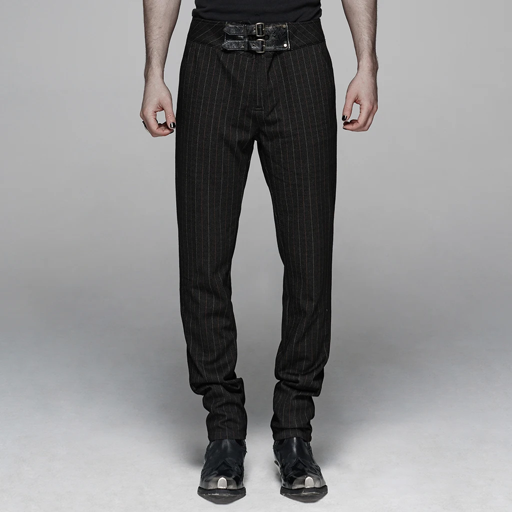 

PUNK RAVE Men's Gentleman Style Vertical Trousers Elastic Knitted Vertical Long Pant Casual Personality Handsome Mens Pants