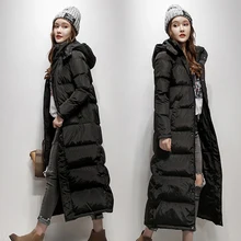 Женское зимнее пальто на утином пуху, ультра Длинное Макси до лодыжки, женские пуховые куртки, одежда с капюшоном, Шапка черного цвета размера плюс xxl