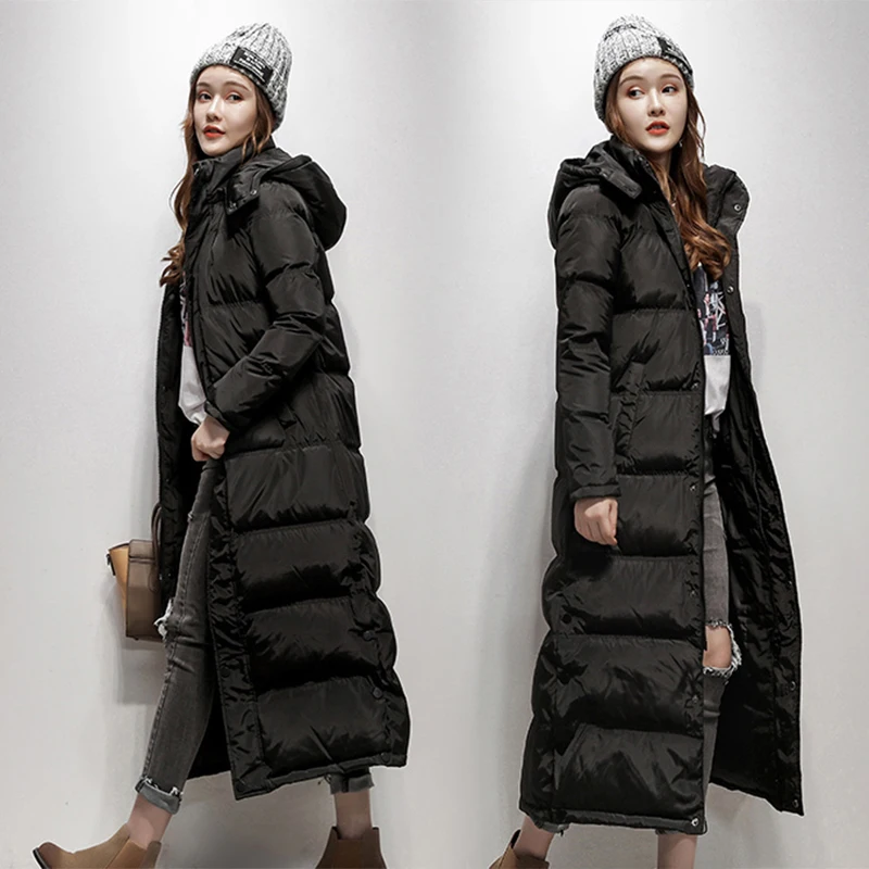 2019 vrouwen winter eend down jas ultra lange maxi enkellange vrouwelijke puffer jassen kleding met kap hoed zwart plus size xxl