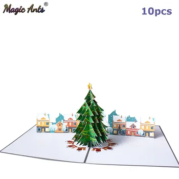 

10 Pack Merry Christmas Card Christmas Tree Pop-Up Cards with envelope Stickers Laser Cut New Year Greeting Cards Gifts Handmade