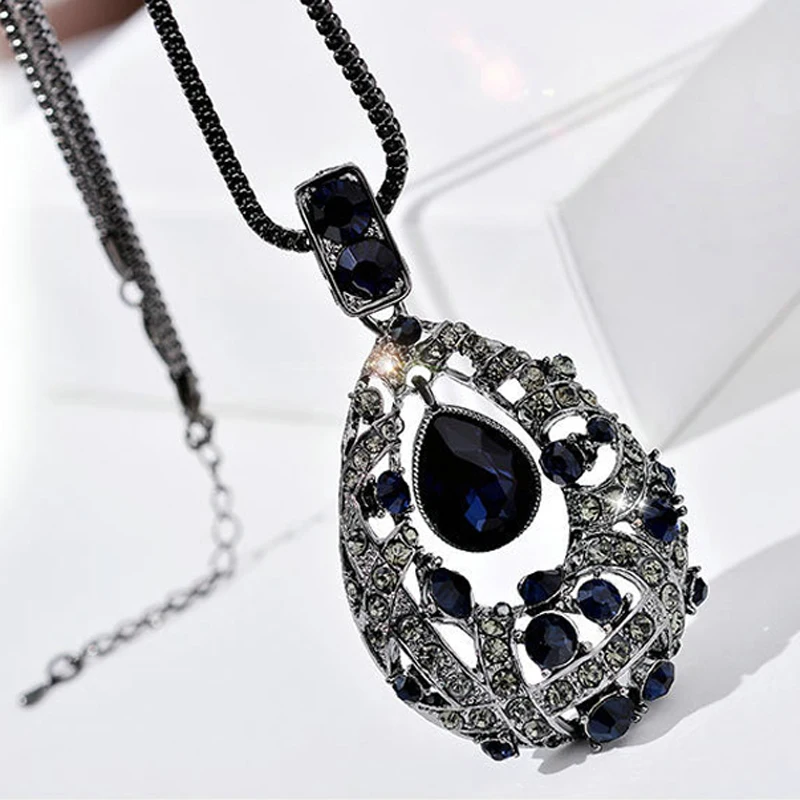 ELIfashion винтажное ожерелье со стразами синяя подвеска в форме капли длинное ожерелье цепочка для зимнего свитера универсальные аксессуары для женщин