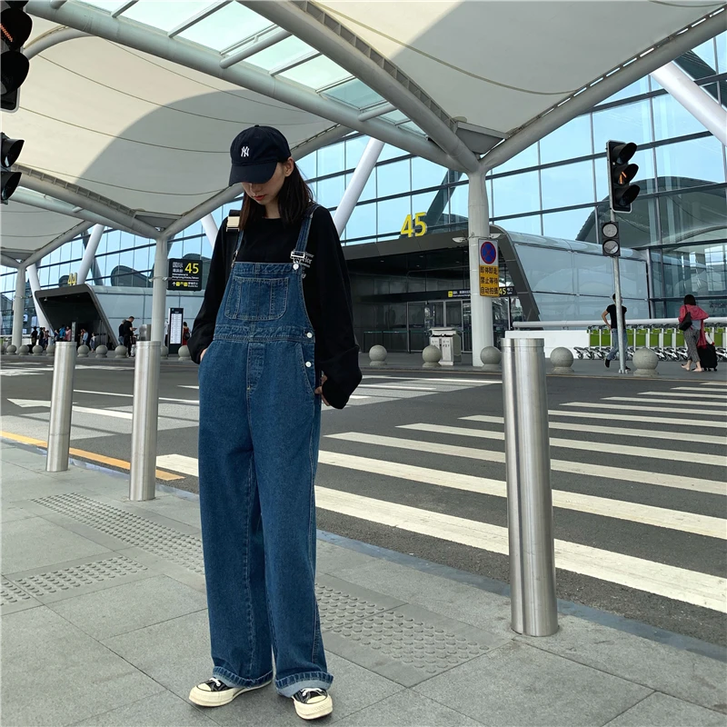Spring wear han edition restores ancient ways to take baggy big pocket student jean suspends pants female show thin tall waist w |