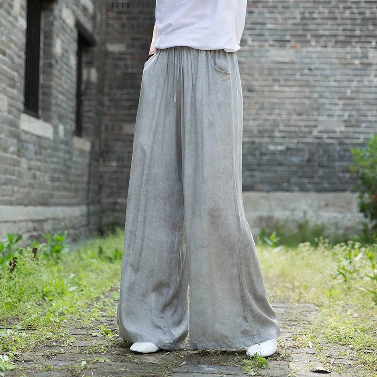 Johnature 2020 Autumn New Full Length Retro Elastic Waist Tie Dye Wide Leg Pants Loose Comfortable All-match Women Lace Up Pants