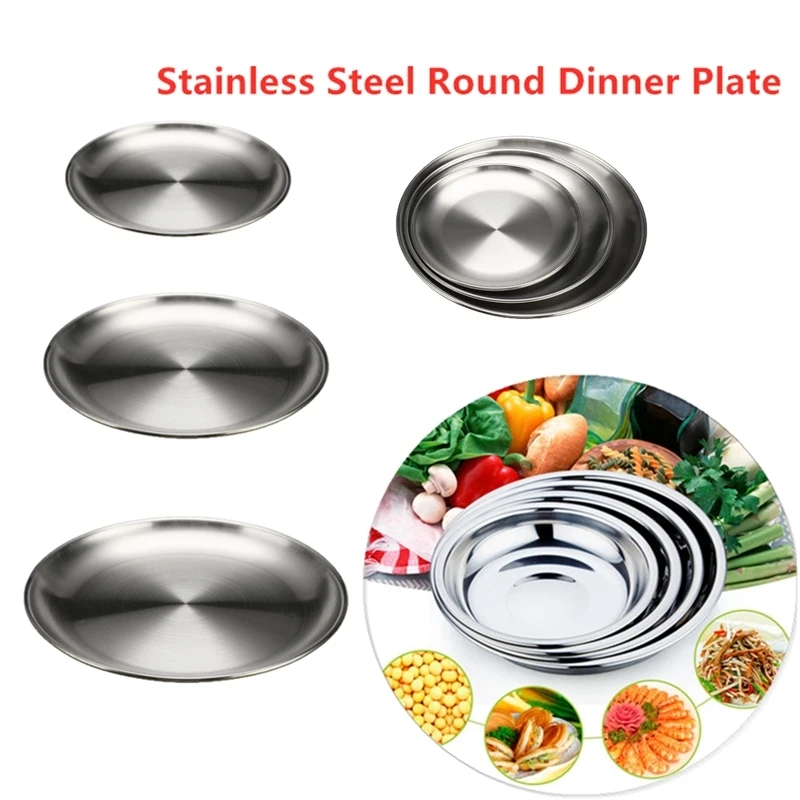 

14/17/20cm Dinner Plates sliver Dining Plate Serving Dishes Round Plate Cake Tray Western Steak Round Tray Kitchen Plates