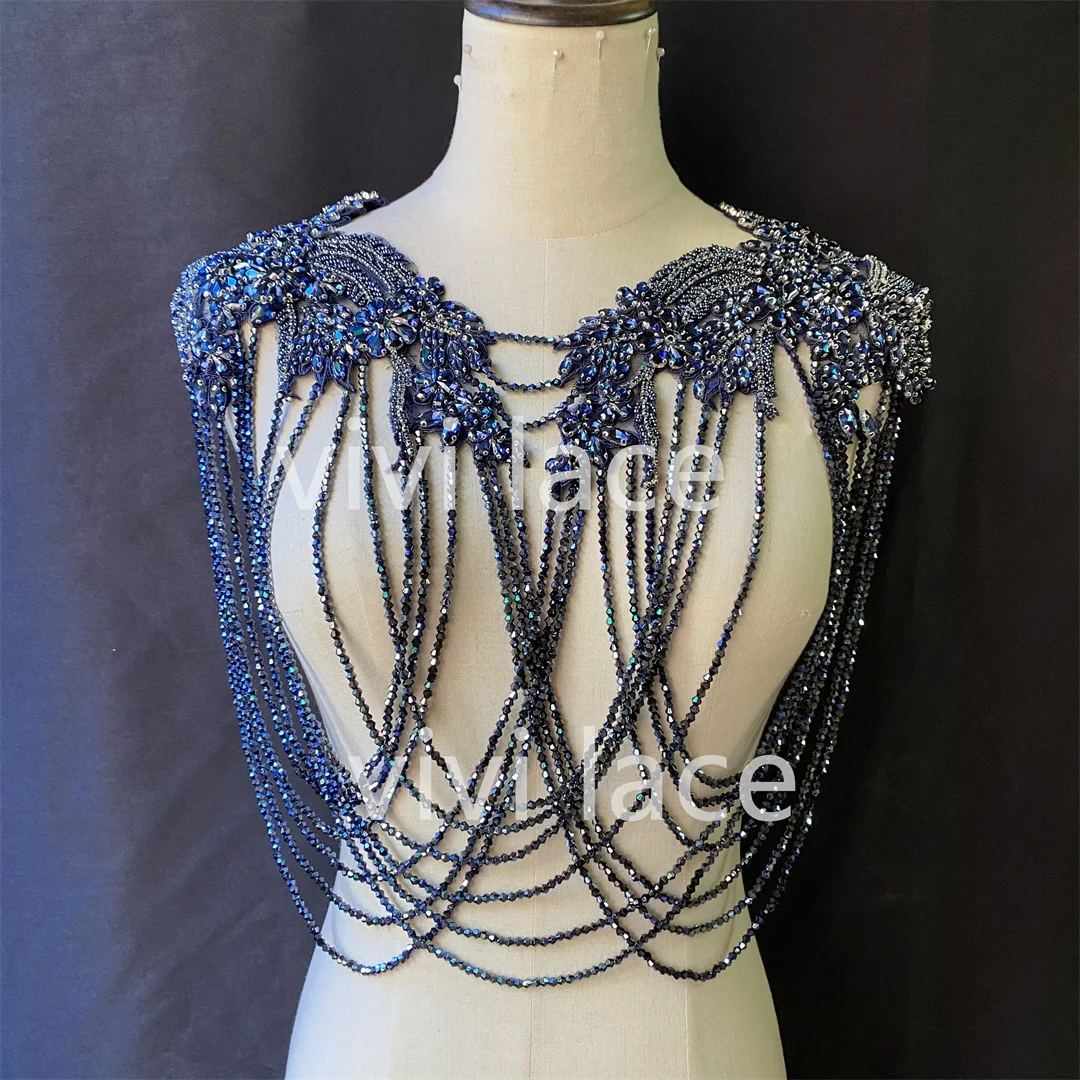 

Dark Blue Fast Ship Stock Wedding Best Top Quality Fringe Crystal Beads Neck Lace For Sawing Bridal Dress /Fashion Designer