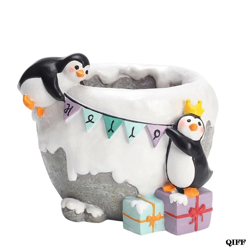 Penguin Cartoon Painting Resin Flower Pot Plant Container Home
