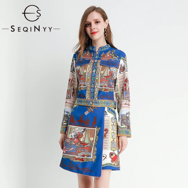 

SEQINYY Women Set 2020 Summer Spring New Fashion Design Short Jacket + Mini Skirt Vintage Flowers Printed Blue Suit