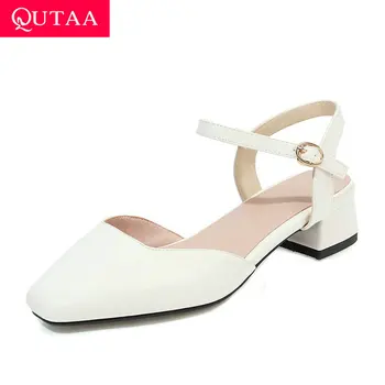 

QUTAA 2020 Square Toe PU Leather Hollow Ladies Pumps Buckle Fashion Slingback Sandals Summer Square Heel Women Shoes Size 34-43