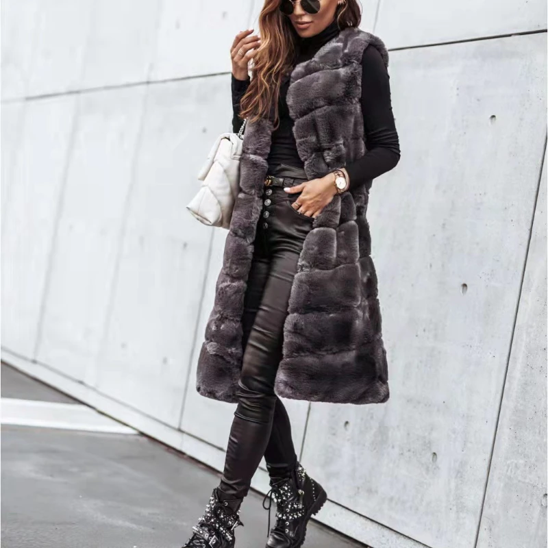 Fashion Solid Plush Long Jacket Vest Waistcoat Cardigan Casual Ladies Faux Coat Winter Sleeveless Streetwear Womens Outerwear | Женская